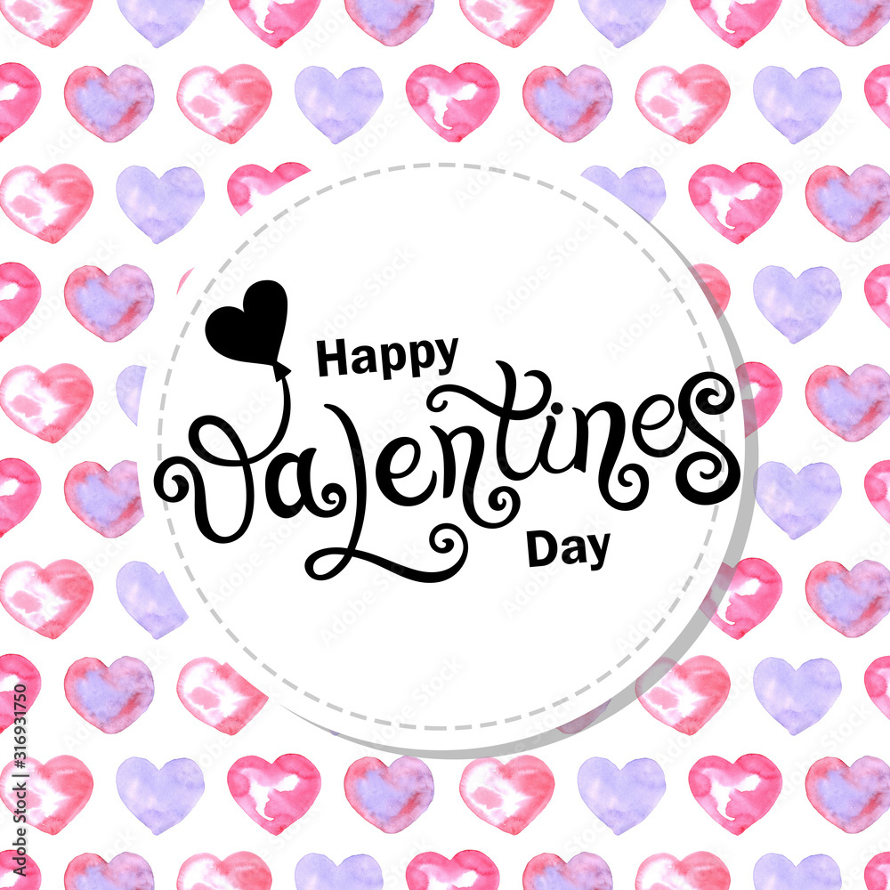 Happy Valentine's Day. Hand drawn lettering with watercolor romantic background. Background has hearts and other love elements. Banner for Valentine's day or Wedding Happy Valentine's Day. Hand drawn lettering with watercolor romantic background. Background has hearts and other love elements. Banner for Valentine's day or Wedding