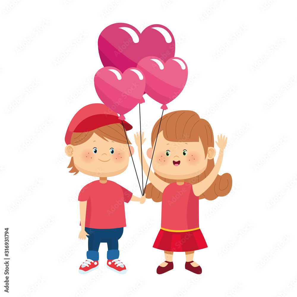 happy girl and boy with hearts balloons, colorful design happy girl and boy with hearts balloons, colorful design