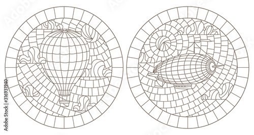 Set of contour stained glass illustrations with aerial landscape, dirigible and balloon on a sky background, oval images in frame