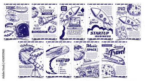 Business Startup And Space Music Banner Set Vector. Different Collection Of Creative Business Advertising Posters. Rocket And Shuttle  Satellite And Ufo  Dynamic And Telescope Monochrome Illustrations