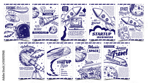 Business Startup And Space Music Banner Set Vector. Different Collection Of Creative Business Advertising Posters. Rocket And Shuttle, Satellite And Ufo, Dynamic And Telescope Monochrome Illustrations