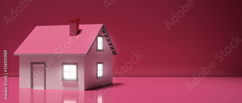 House miniature illuminated against pink background. 3d illustration