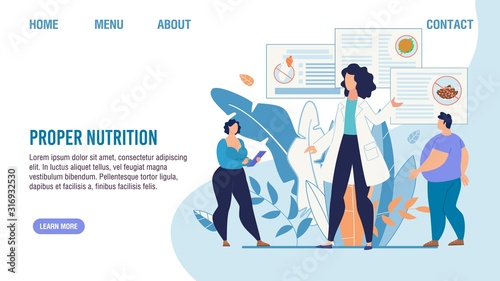 Proper Nutrition Selection. Cartoon Fat People and Nutritionist Dieting Expert. Personal Balanced Food Menu for Weight Lost. Flat Landing Page. Obesity and Healthcare. Vector Illustration