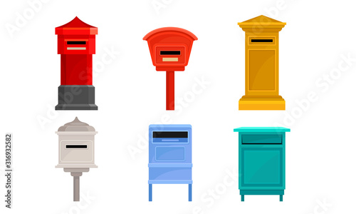 Colorful Outdoor Mail Boxes Isolated on White Background Vector Set