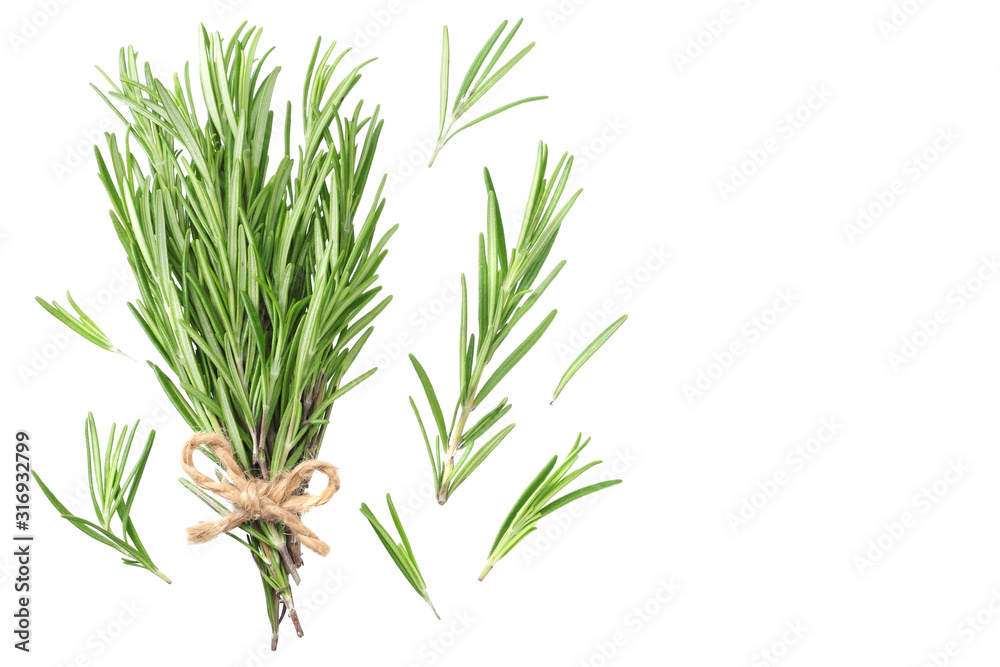 rosemary leaves isolated on white background. rosemary bunch. top view - obrazy, fototapety, plakaty 