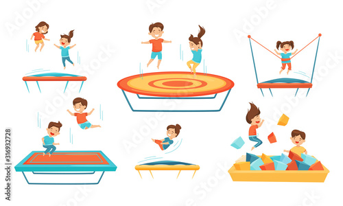 Little Kids Jumping on Trampoline Vector Illustrations Set. Smiling Children Having Fun Outdoors photo