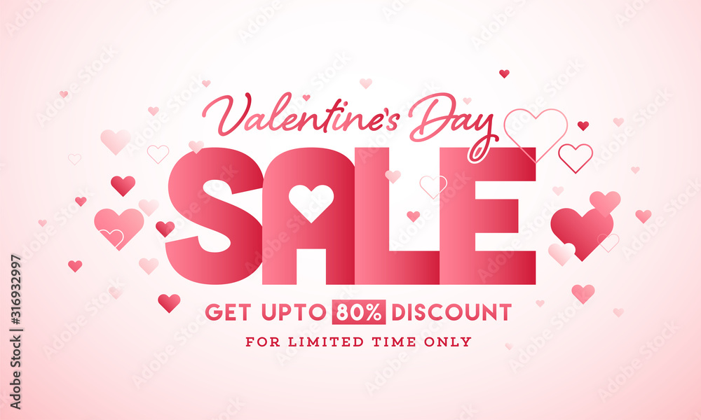 Valentine's Day Sale Header or Banner Design with 70% Discount Offer, Gift Boxes and Paper Cut Hearts Decorated on Pink and White Background.