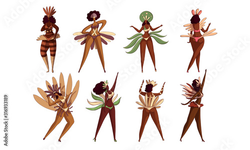 Brazilian Samba Dancers Isolated on White Background Vector Set