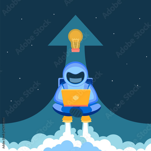 Business startup in space. The astronaut in a spacesuit with a laptop came up with idea and takes off on a jetpack. Smoke is coming down from the nozzle. A light on above helmet of the cosmonaut.
