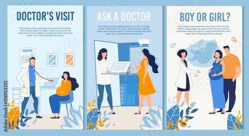 Vertical Banner Set Advertising Maternal Prenatal Services for Young Family Childbirth Preparation, Pregnant Woman Scheduled Checkup Ordered Online, Child Sex Determination. Vector Flat Illustration