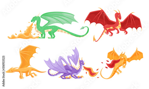 Fairy Dragons with Open Wings Shooting out Flames Vector Set