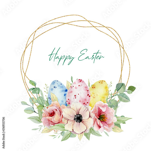 Watercolor Happy Easter egg with botanical flowers wreath. Cute banner Easter illustration for greating card, party card, postcard.