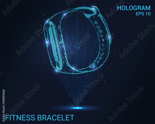 Hologram fitness bracelet. Holographic projection smart watch. Flickering energy flux of particles. Scientific health design.