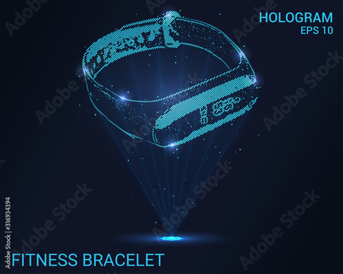 Hologram fitness bracelet. Holographic projection smart watch. Flickering energy flux of particles. Scientific health design.