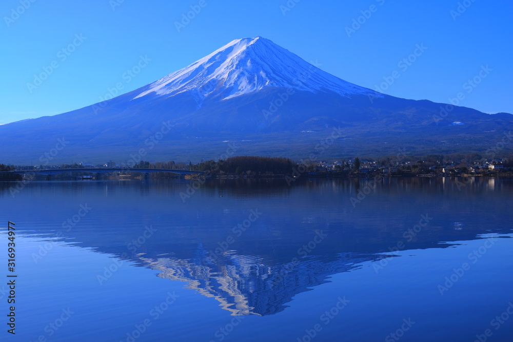Mount Fuji upside down from blue sky from Lake Kawaguchi Yamanashi Prefecture Japan 01/02/2020