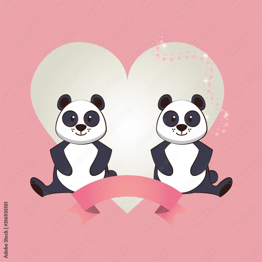 Obraz premium happy valentines day card with cute bears pandas couple