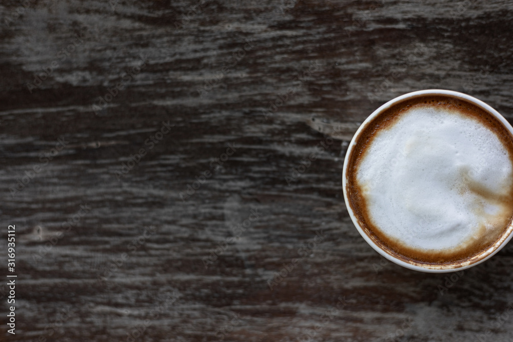 Top view, Cup of coffee on wooden table, Top view, Cup of coffee on wooden table,
