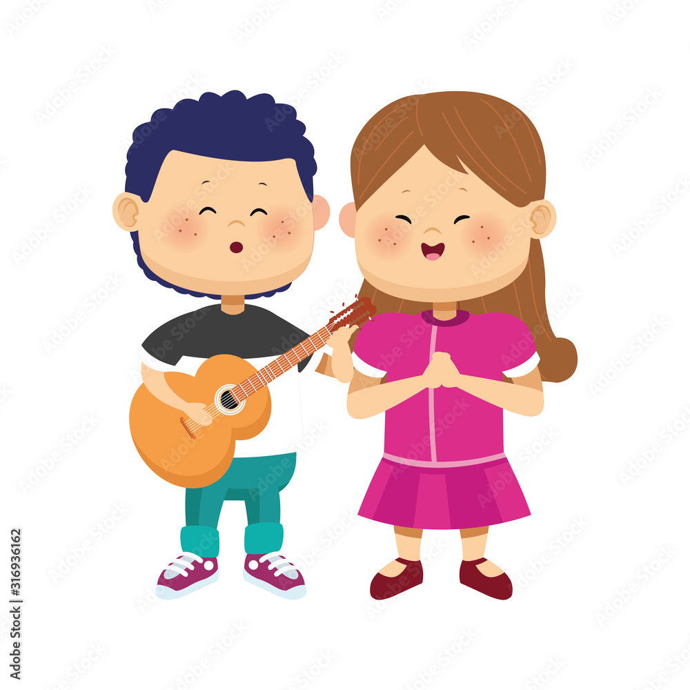 cute boy and girl standing with guitar, colorful design