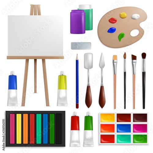 Art painting tools and accessories, vector isolated illustration