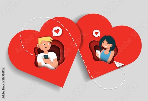 Online dating app concept, vector illustration in paper art style