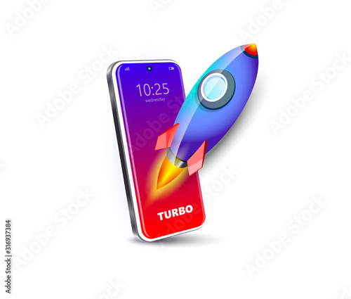 Rocket and mobile display smartphone turbo speed action white background illustration