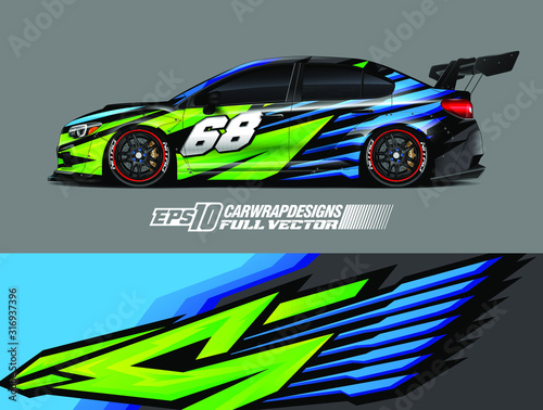 Car wrap decal graphic design. Abstract stripe racing background designs for wrap cargo van, race car, pickup truck, adventure vehicle. Eps 10