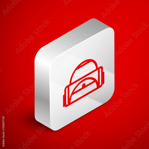 Isometric line Sport bag icon isolated on red background. Silver square button. Vector Illustration