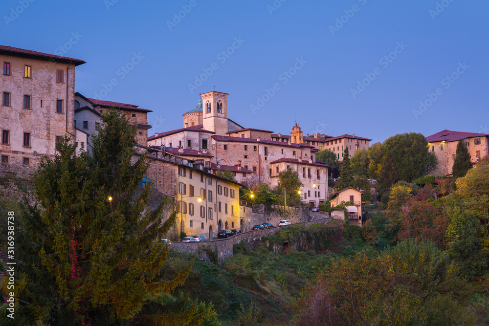 Beautiful architecture of the Bergamo old town at dawn, Italy