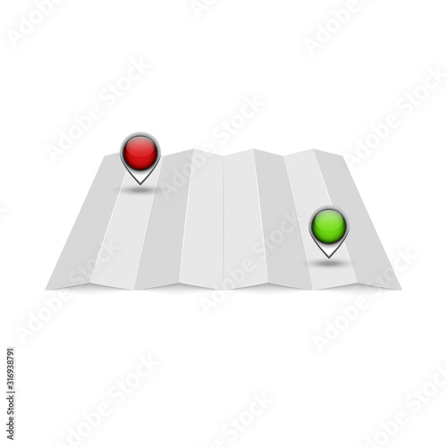 Empty mockup for a terrain map with two red and green location pins for get directions, an accordion folded by a realistic sheet of paper isolated on white, blank template