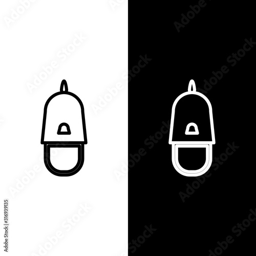 Set line Police cap with cockade icon isolated on black and white background. Police hat sign. Vector Illustration