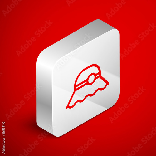 Isometric line Elegant women hat icon isolated on red background. Silver square button. Vector Illustration