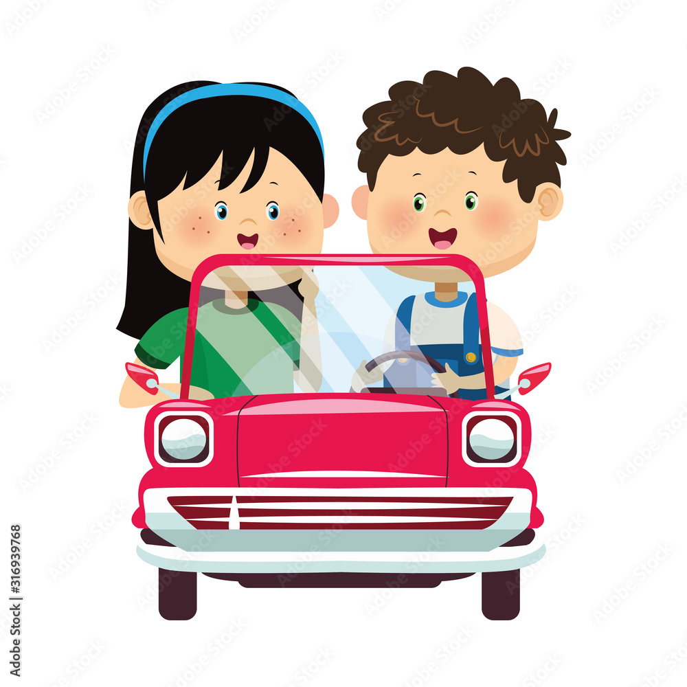 Happy boy and girl in classic car, colorful design
