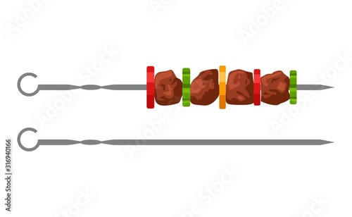 Grilled meat kebab skewers with vegetables BBQ isolated on white background. Shashlik or shish barbecue Vector Illustration