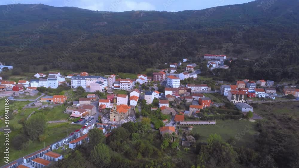 Aerial View Over Spanish Town Carnota With Forest And Mountains In The Background, Zoom Out Aerial View Over Spanish Town Carnota With Forest And Mountains In The Background, Zoom Out
