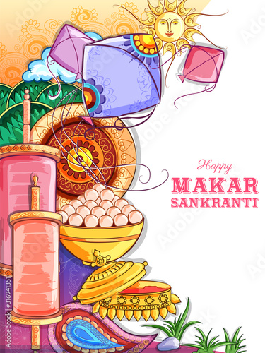 illustration of Makar Sankranti wallpaper with colorful kite for festival of India