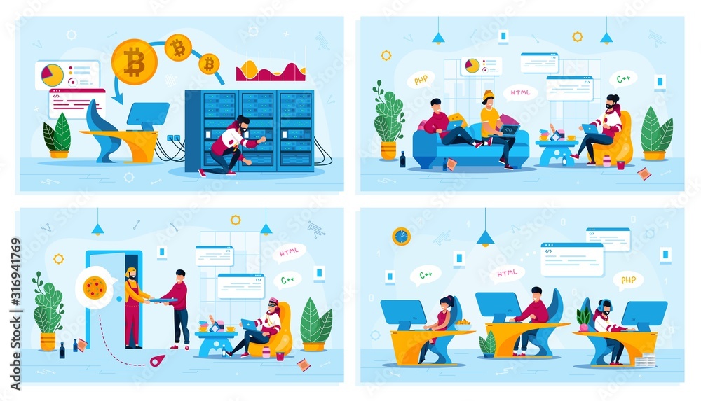 Freelance Work, Startup Team, Bitcoin trading business, Trendy Flat Vector Concepts Set. Mining Farm Owner, Programmers Gathering at Home, Freelancer Ordering Pizza, Developers Team Illustration