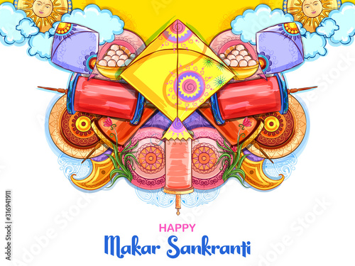 illustration of Makar Sankranti wallpaper with colorful kite for festival of India