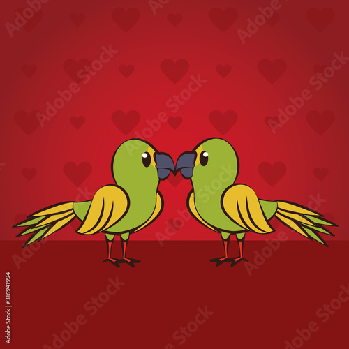 happy valentines day card with cute parrots couple