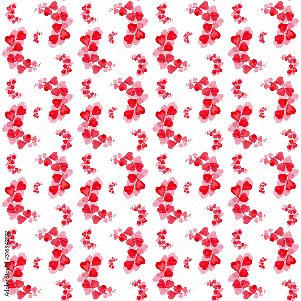Watercolor illustration of a flower from hearts on Valentine's day. Seamless pattern isolated on white background Watercolor illustration of a flower from hearts on Valentine's day. Seamless pattern isolated on white background