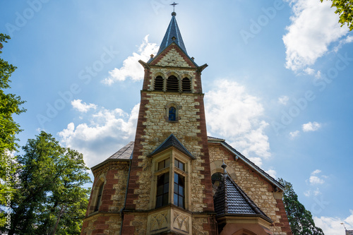 View of the tower of the Martin-Luther-Church in Staufen im Breisgau