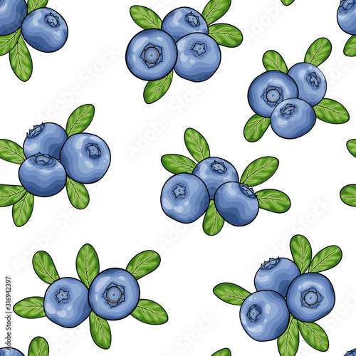 seamless pattern blueberry with leaves contour on white background, symbol of summer. design holiday greeting card and invitation of seasonal summer holidays, beach parties, tourism and travel
