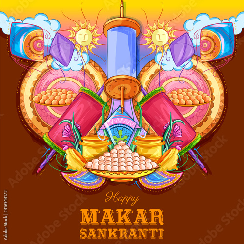 illustration of Makar Sankranti wallpaper with colorful kite for festival of India © vectomart