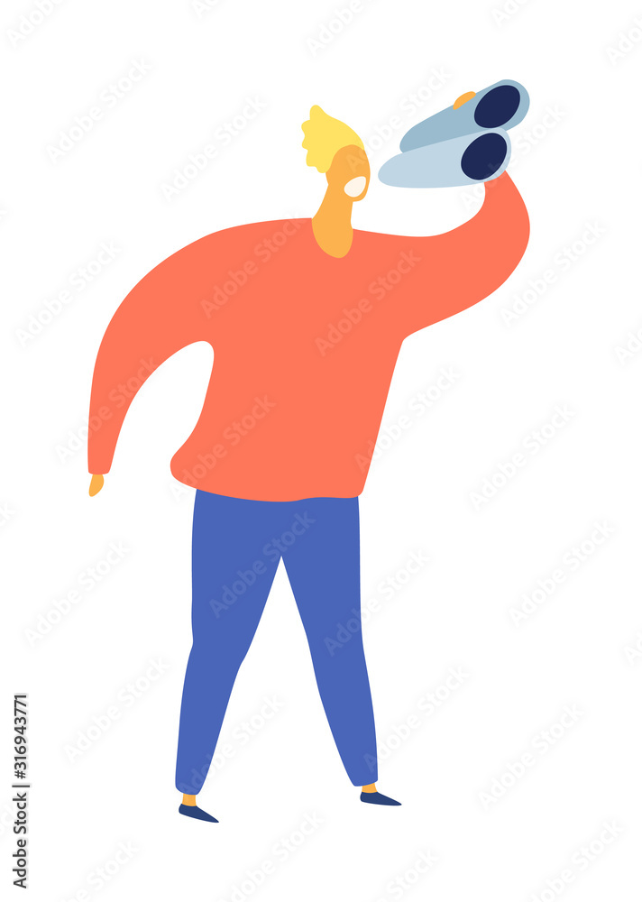 Explorer man with binoculars vector illustration. Man holding binoculars, cartoon style. Traveling/business concept, isolated on white background