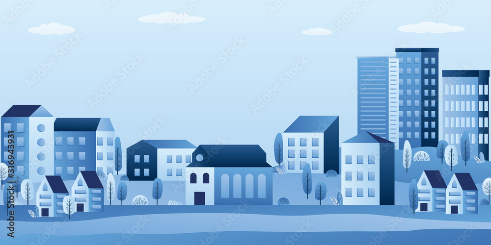 City landscape with buildings, hills and trees. Simple Urban background. Abstract horizontal banner template
