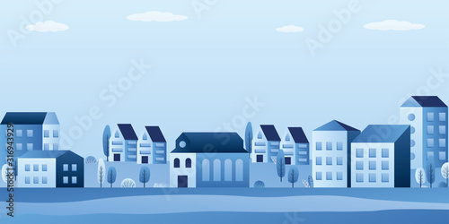 City landscape with buildings, hills and trees. Simple Urban background.
