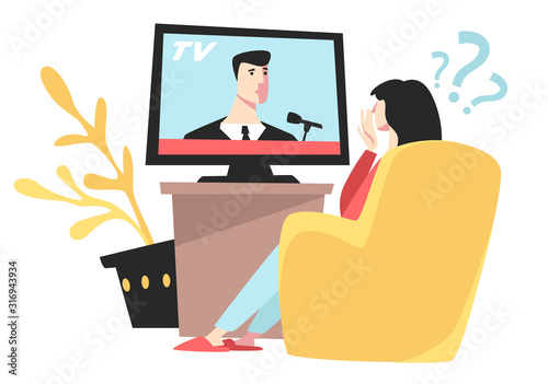 Girl watching TV news in stress, woman in armchair