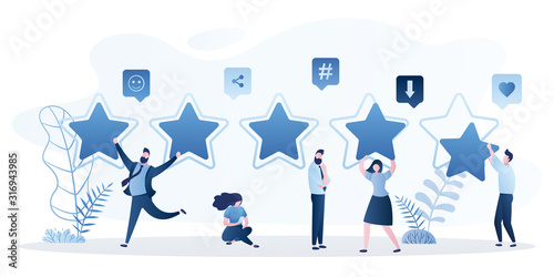Costumer review rating concept. Five star rank and happy people clients give review
