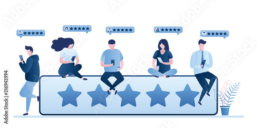 Customer review rating concept. Five star rank and tiny people clients give review and feedback with smartphone photo