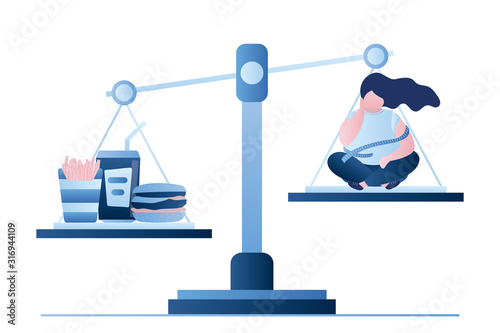 Sadness fat woman sitting on big scales. Unhealthy fast food and overweight female character with measuring tape.