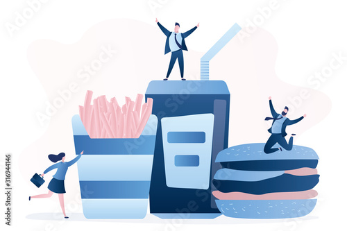 Happy businesspeople and Fast food. Hamburger, french fries and drink. Break time with unhealthy food concept background.